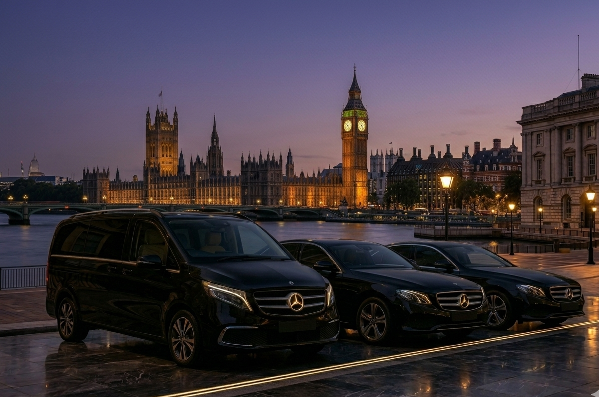 NO1 Concierge Mercedes V-Class fleet parked on a London street at dusk
